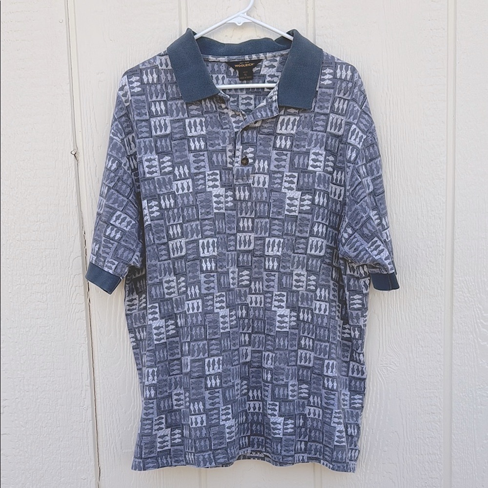 Woolrich Blueish Gray Fish Print Polo Shirt Mens Sz XL Short Sleeve Cotton Vtg
